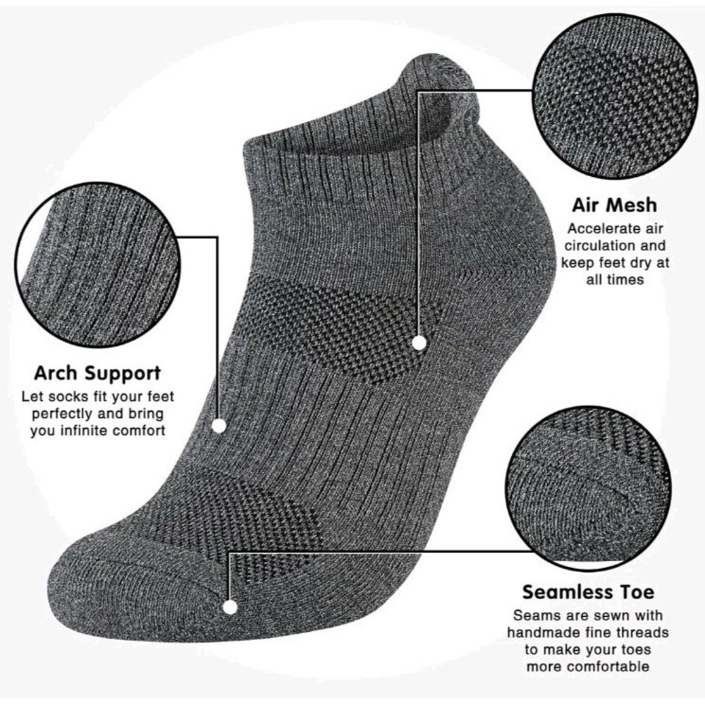 Mens Cotton Ankle Socks, Athletic Cushioned, Grey, 10ct, Men's 7-10 Women's 9-12 - Picture 2 of 3